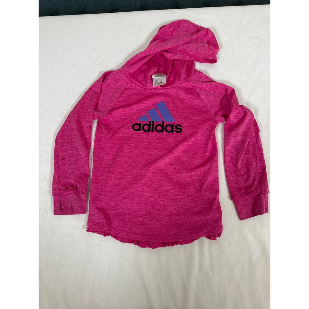 Adidas Girls Hooded Ruffle Hem Athletic Top Size 5 Pink Long Sleeve Playwear